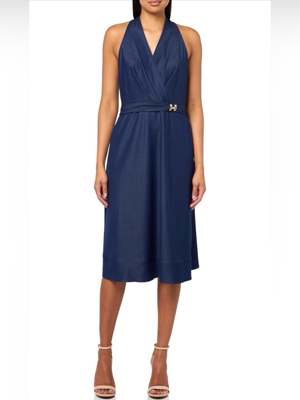H by Halston Navy Halter Faux-Wrap Midi Dress with Slim Belt